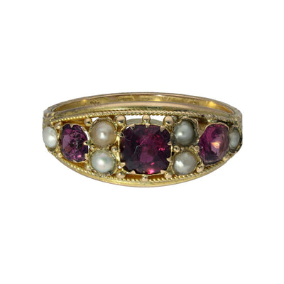 Antique 15ct Yellow Gold Tourmaline and Pearl Boat Ring -circa 1883