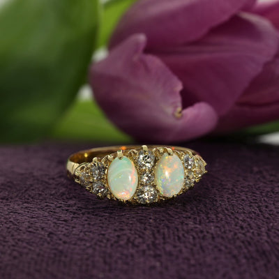 Pre-loved Antique 18ct Yellow Gold Old Cut Diamond & Opal Ring c 1898