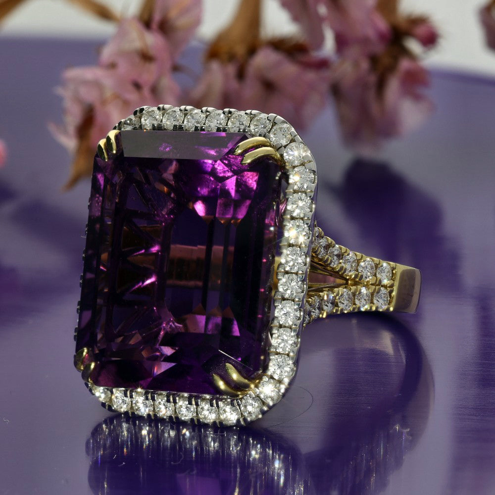 18ct Yellow Gold 32ct Amethyst and Diamond Large Cocktail Ring