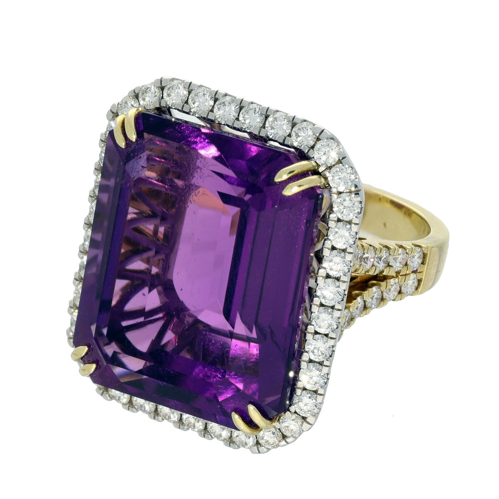 18ct Yellow Gold 32ct Amethyst and Diamond Large Cocktail Ring