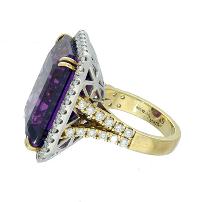 18ct Yellow Gold 32ct Amethyst and Diamond Large Cocktail Ring