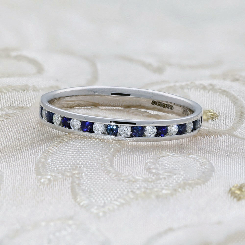9ct White Gold Sapphire & Diamond Slim 2.5mm Half Eternity Ring