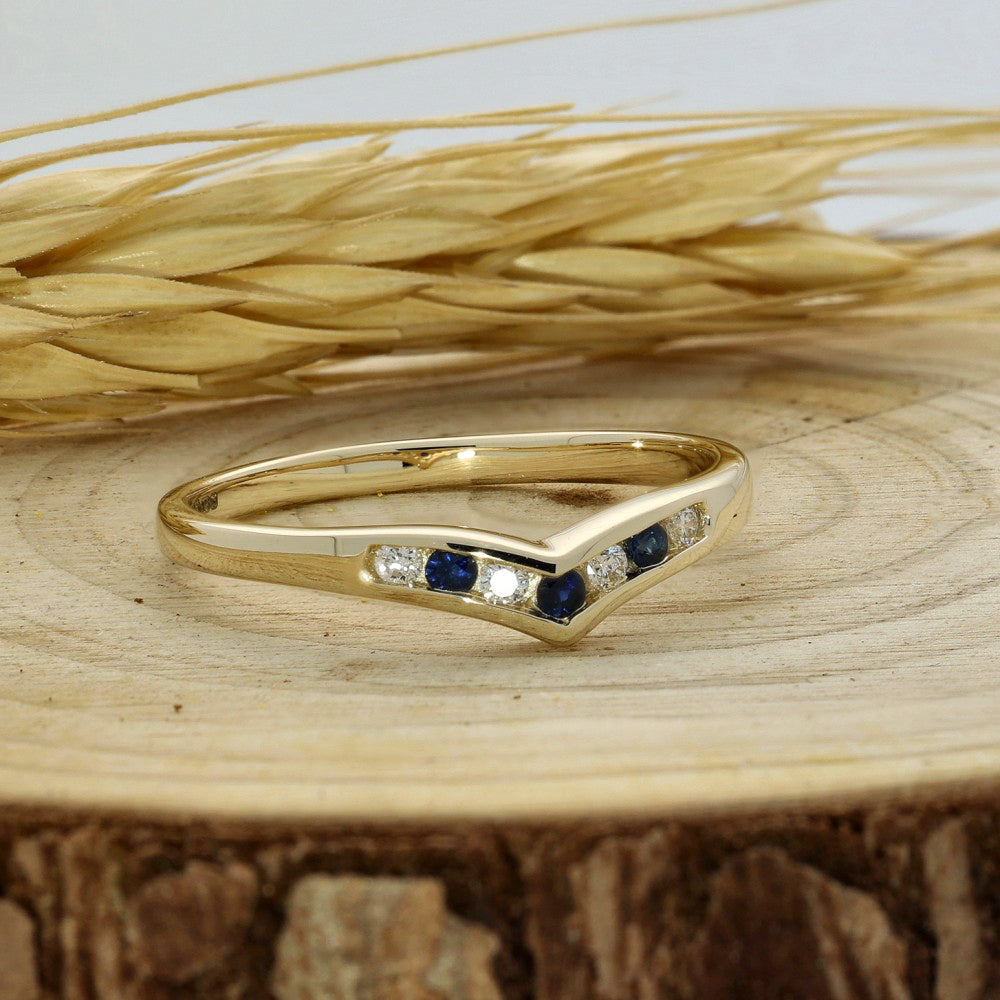 9ct Yellow Gold Sapphire and Diamond Wishbone Ring