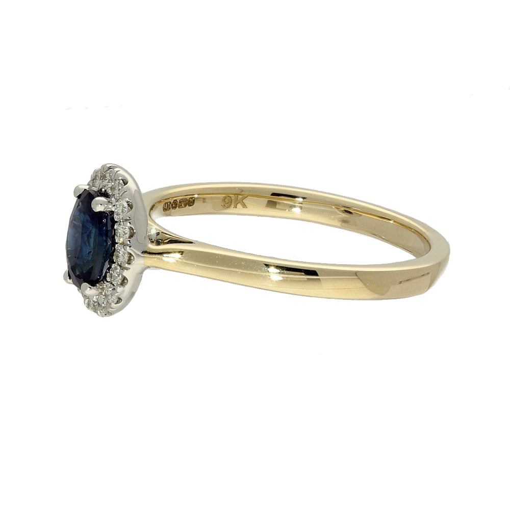 9ct Yellow Gold Oval Sapphire & Diamond Halo Ring