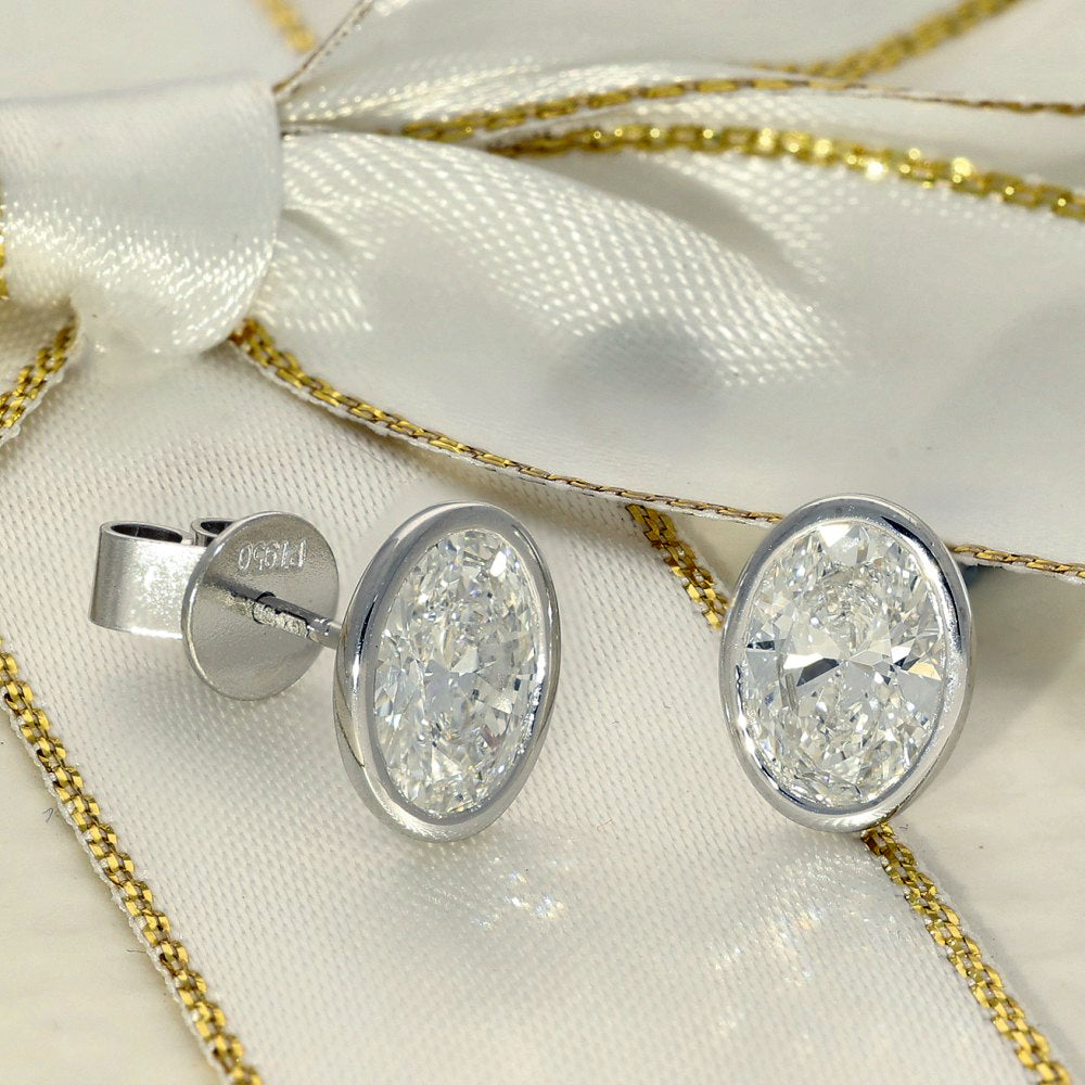 Platinum Laboratory-Grown Oval Diamond 2ct Bezel Set Stud Earrings