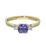 9ct Yellow Gold Cushion Cut Tanzanite and Diamond 3 Stone Ring
