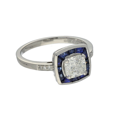 Pre-owned Platinum Certificated Diamond & Sapphire Halo Ring