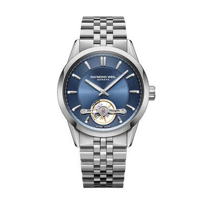 Raymond Weil watch with blue dial and silver metal bracelet on white background