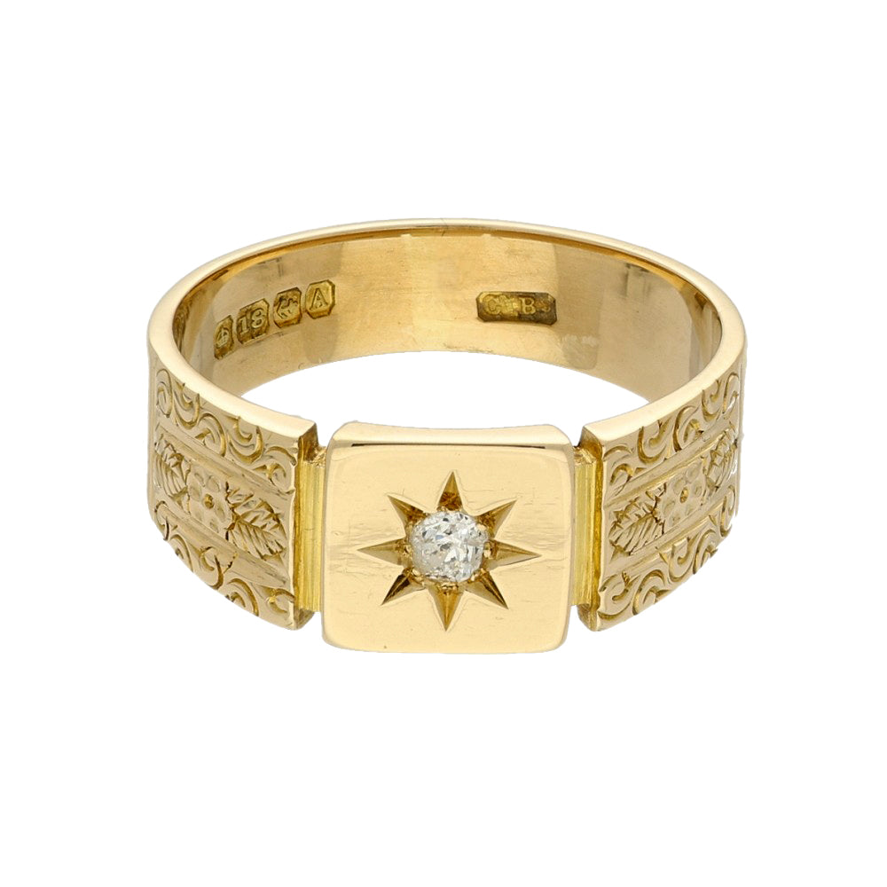 Vintage 18ct Yellow Gold & Diamond Square Patterned Signet Ring c.1925