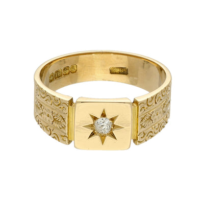 Vintage 18ct Yellow Gold & Diamond Square Patterned Signet Ring c.1925
