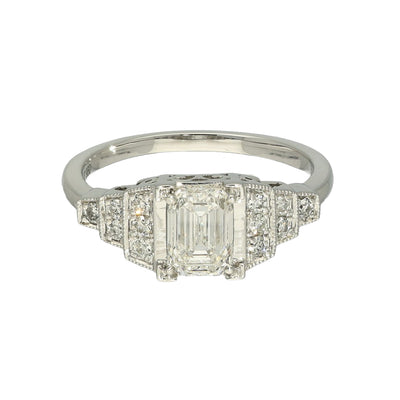 Pre-Loved Platinum Certificated 1ct Emerald Cut Diamond Art Deco Style Ring