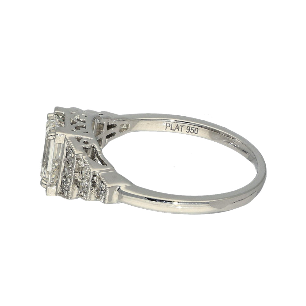 Pre-Loved Platinum Certificated 1ct Emerald Cut Diamond Art Deco Style Ring
