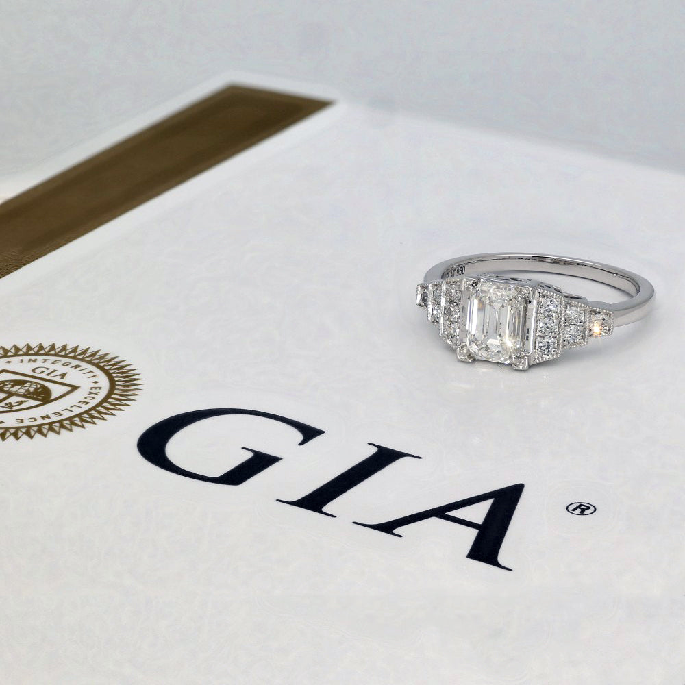 Pre-Loved Platinum Certificated 1ct Emerald Cut Diamond Art Deco Style Ring