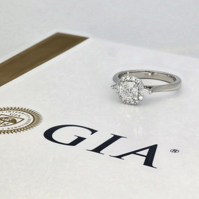 Pre-Loved Platinum Certificated 1ct Cushion Cut Diamond Halo Engagement Ring