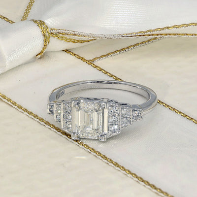 Pre-Loved Platinum Certificated 1ct Emerald Cut Diamond Art Deco Style Ring