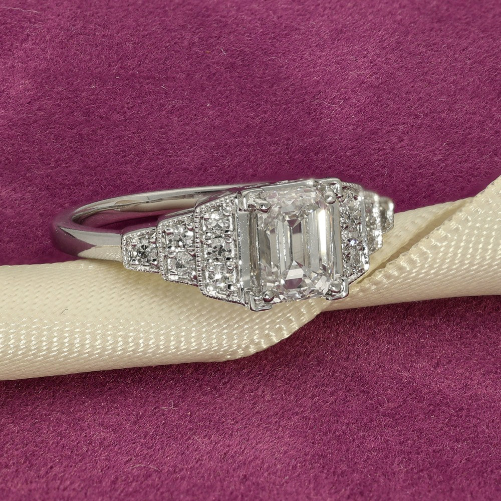 Pre-Loved Platinum Certificated 1ct Emerald Cut Diamond Art Deco Style Ring