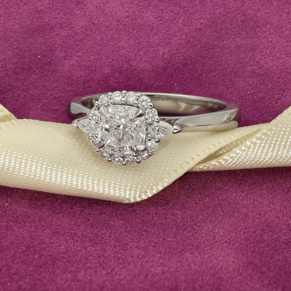 Pre-Loved Platinum Certificated 1ct Cushion Cut Diamond Halo Engagement Ring