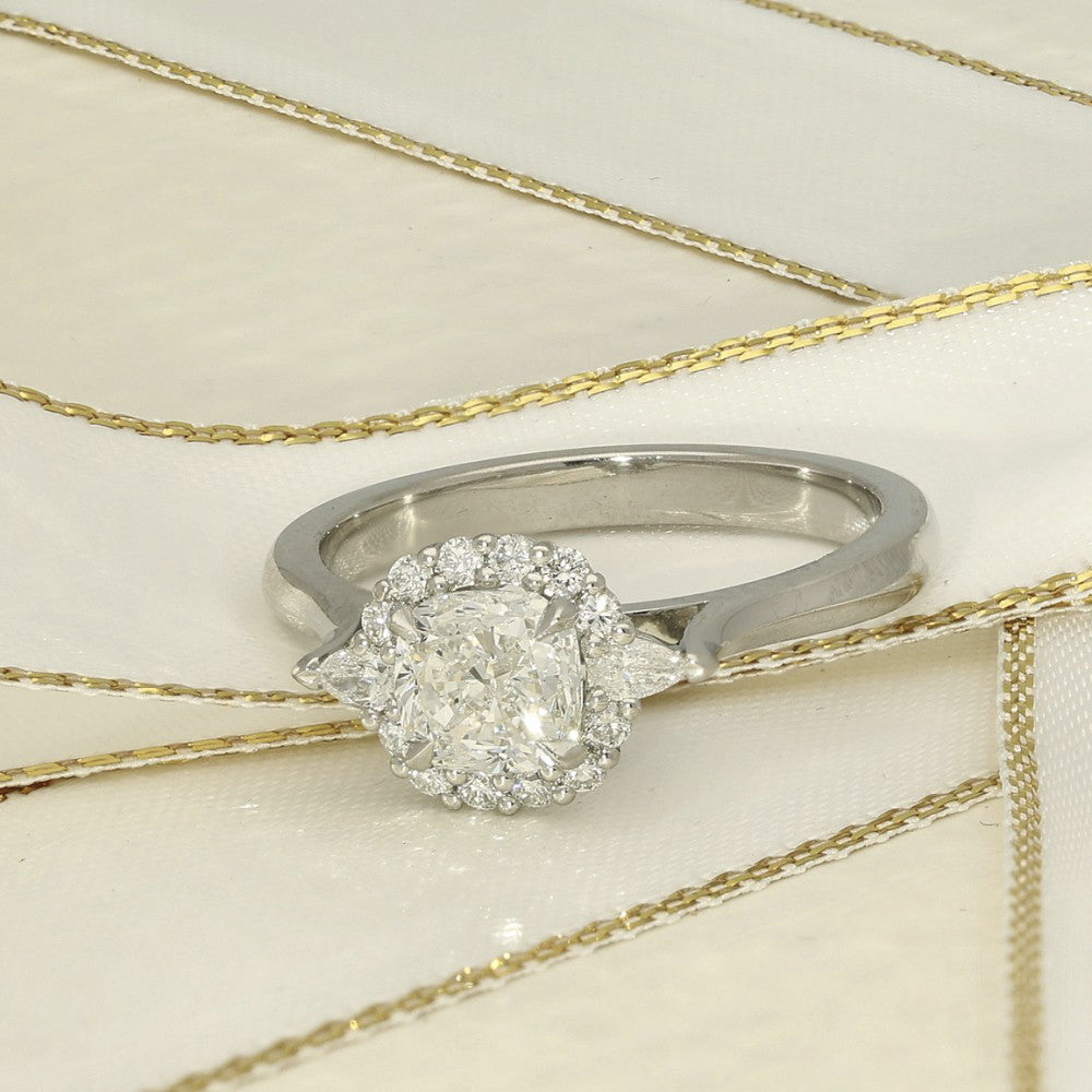 Pre-Loved Platinum Certificated 1ct Cushion Cut Diamond Halo Engagement Ring