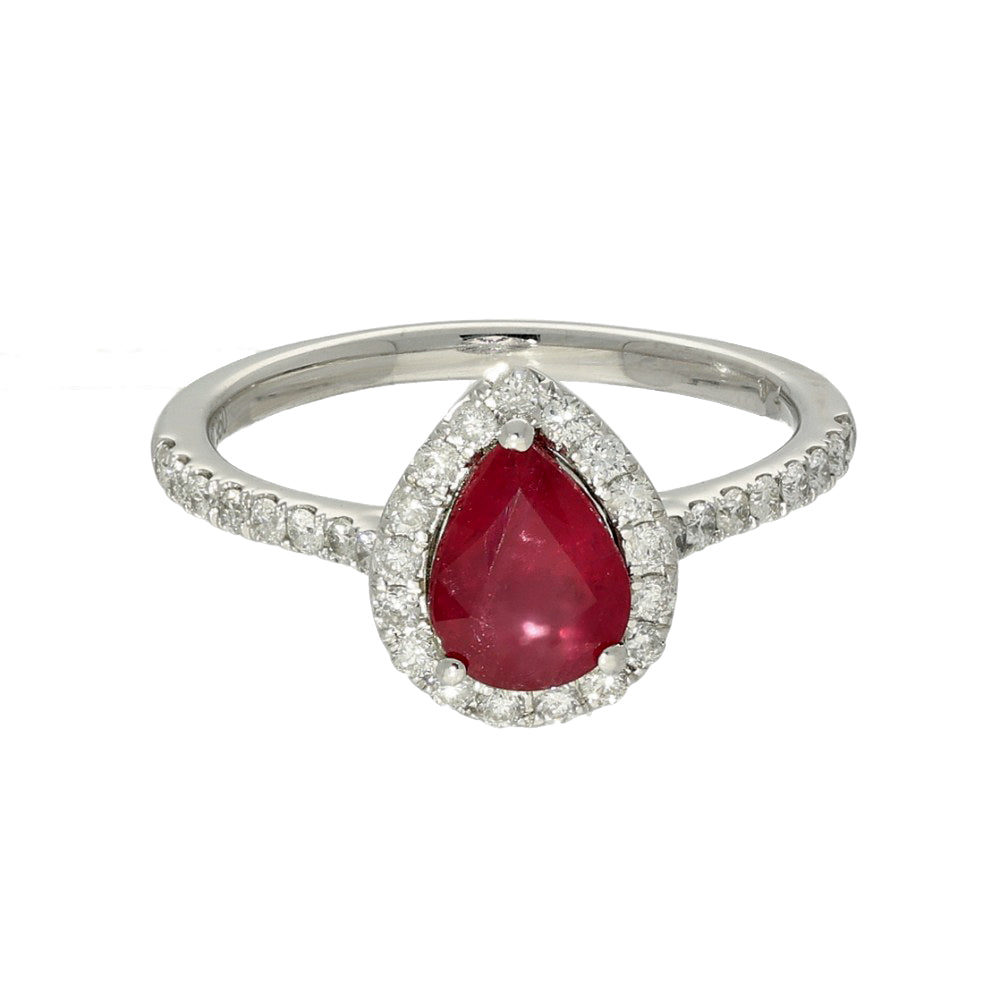 Platinum Pear Cut Ruby and Diamond Halo Shoulders Ring