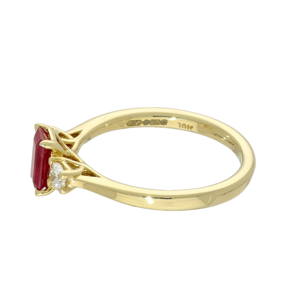 18ct Yellow Gold Emerald Cut Ruby and Diamond Trilogy Ring
