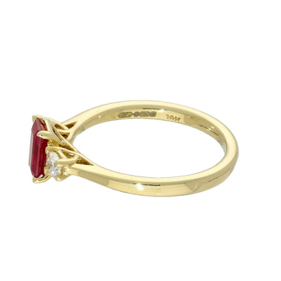 18ct Yellow Gold Emerald Cut Ruby and Diamond Trilogy Ring