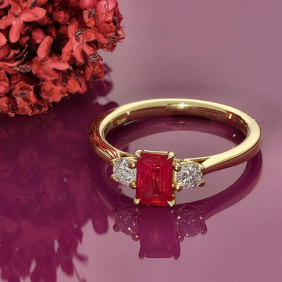 18ct Yellow Gold Emerald Cut Ruby and Diamond Trilogy Ring