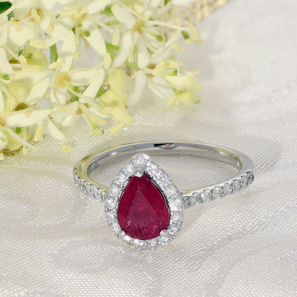 Platinum Pear Cut Ruby and Diamond Halo Shoulders Ring