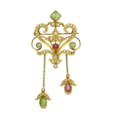 Suffragette 18ct Yellow Gold Peridot, Tourmaline and Pearl Antique Brooch