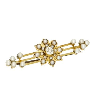 Pre-owned Vintage 9ct Yellow Gold Old Cut Diamond and Pearl Brooch