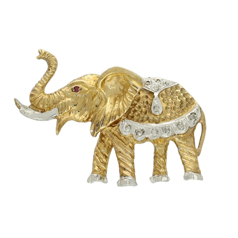 Pre-owned 9ct Gold Old Cut Diamond and Ruby Elephant Brooch