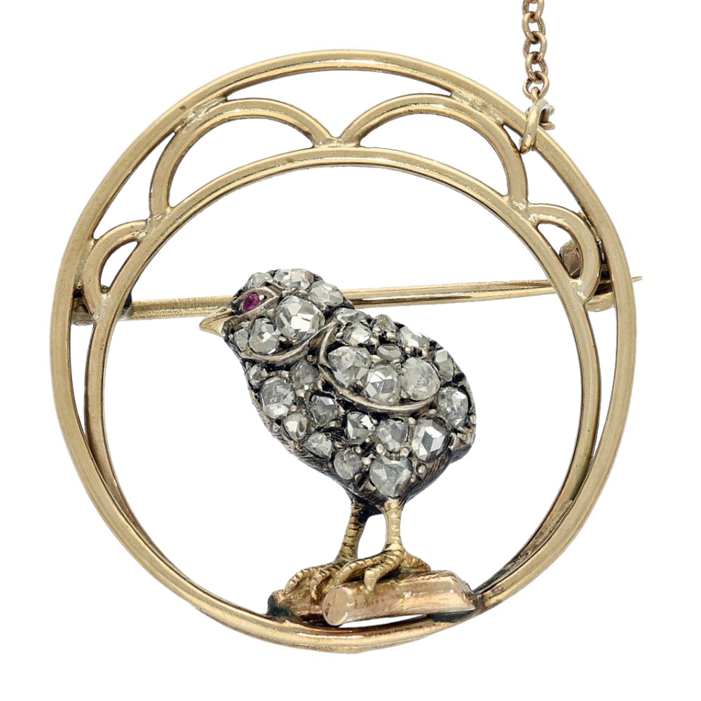 Pre-owned Antique 9ct Gold Old Cut Diamond Chick Brooch