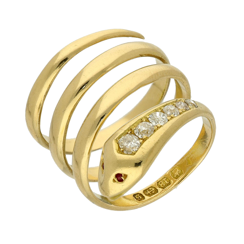 Vintage 18ct Yellow Gold Diamond Snake Ring - Victorian 1892