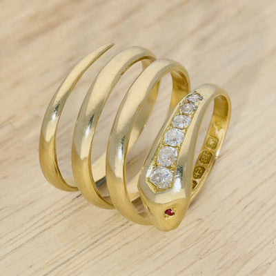 Vintage 18ct Yellow Gold Diamond Snake Ring - Victorian 1892