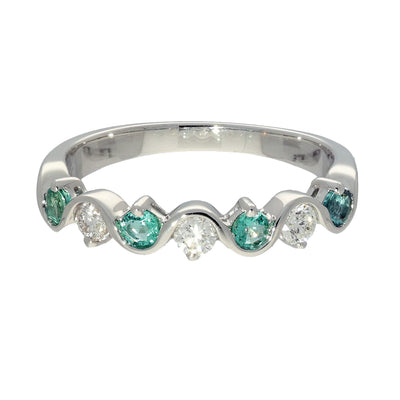 9ct White Gold Emerald and Diamond Half Eternity Wave Ring