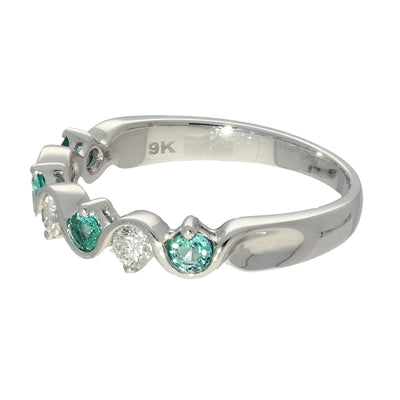 9ct White Gold Emerald and Diamond Half Eternity Wave Ring