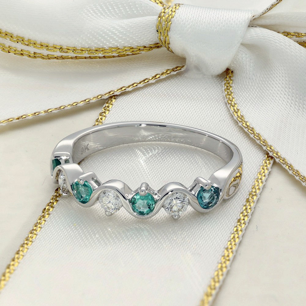 9ct White Gold Emerald and Diamond Half Eternity Wave Ring