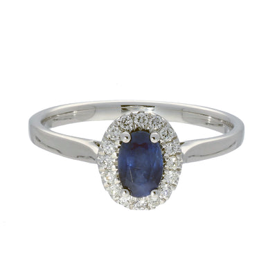 9ct White Gold Oval Sapphire and Diamond Halo Ring