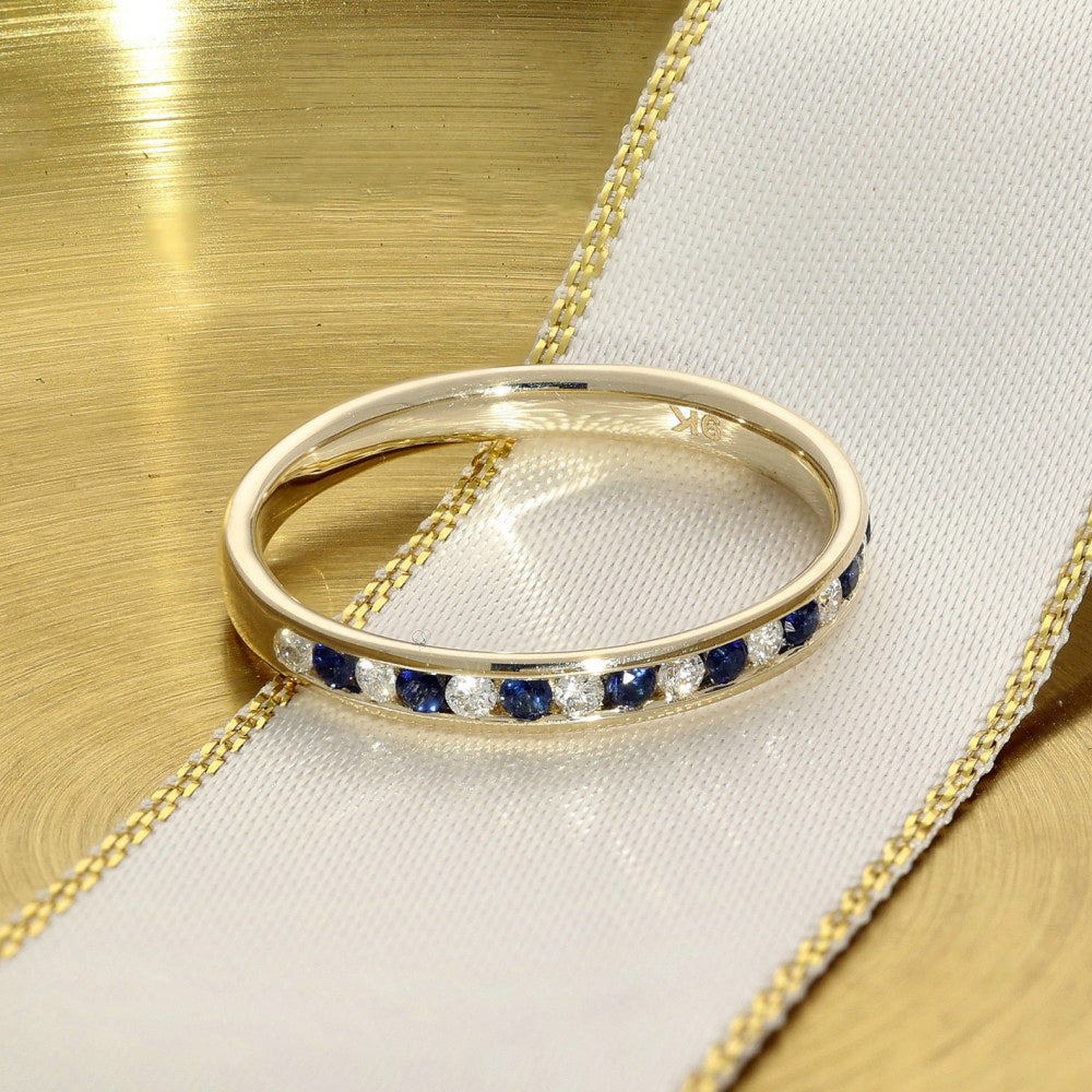 9ct Yellow Gold Sapphire and Diamond Channel Set Half Eternity Ring