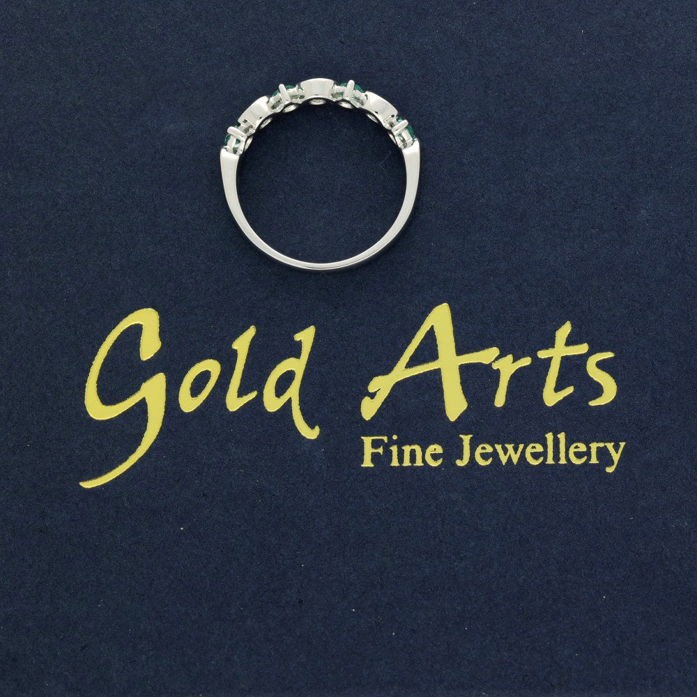 9ct White Gold Emerald and Diamond Half Eternity Wave Ring