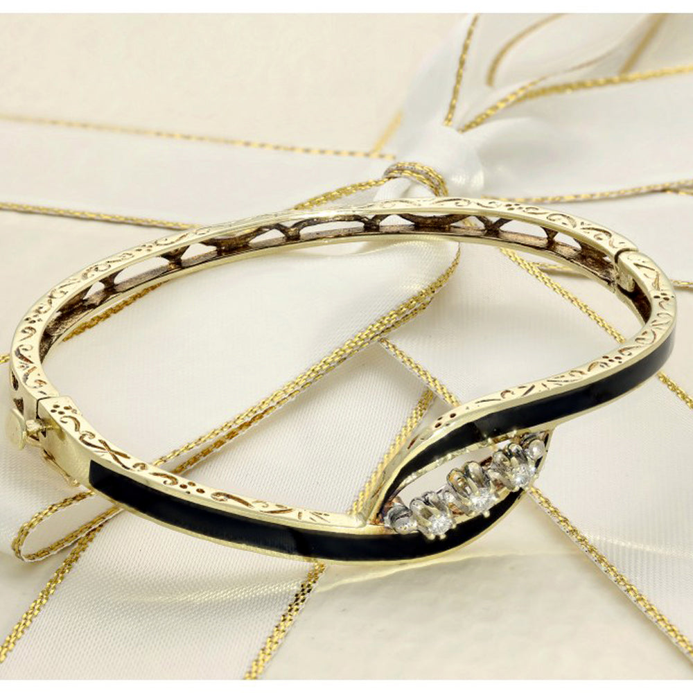 Pre-loved 9ct Yellow Gold Black Enamel & Diamond Bangle