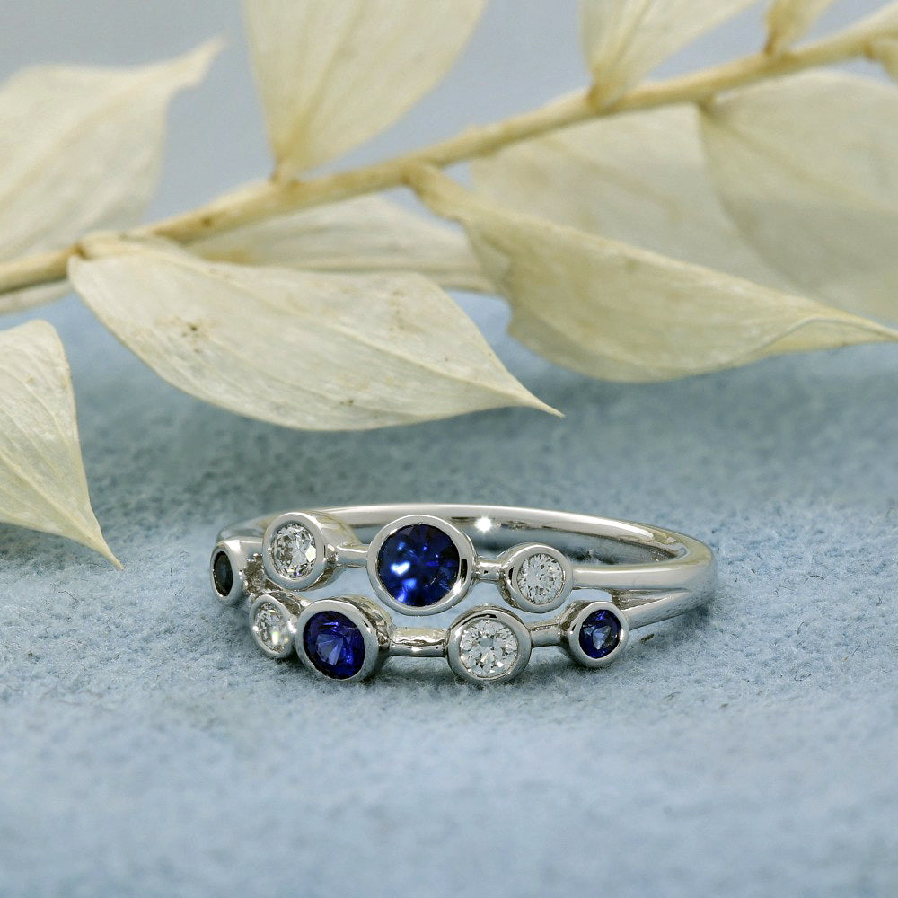 Platinum Blue Sapphire and Diamond Bubble Ring