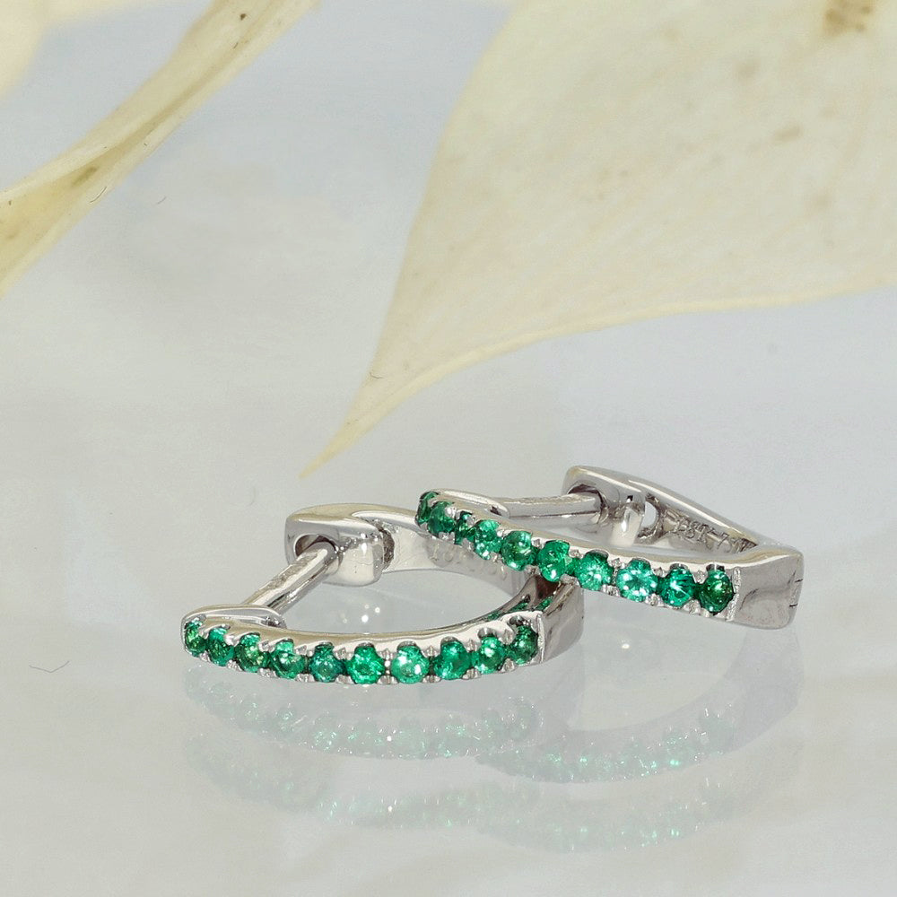 18ct White Gold Small Slim Emerald Huggie Hoop Earrings 9mm