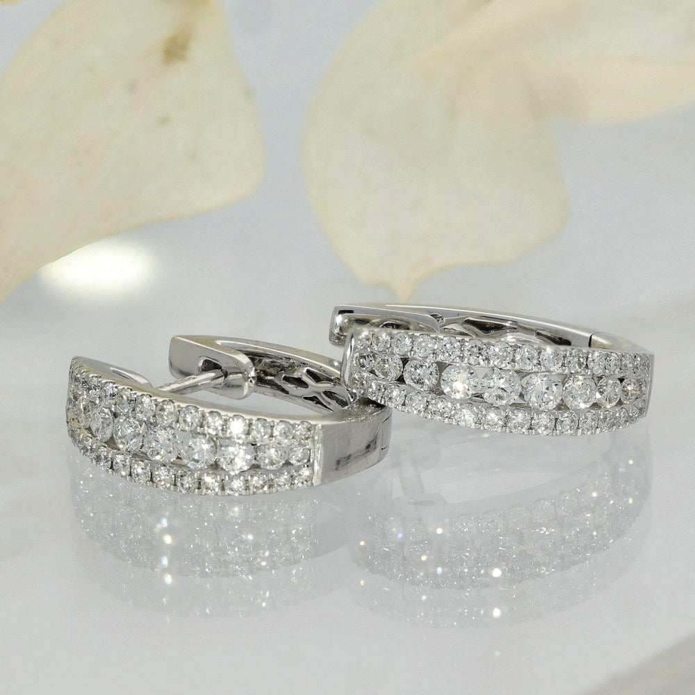 18ct White Gold 3-Row Diamond Huggie Hoop Earrings 13mm