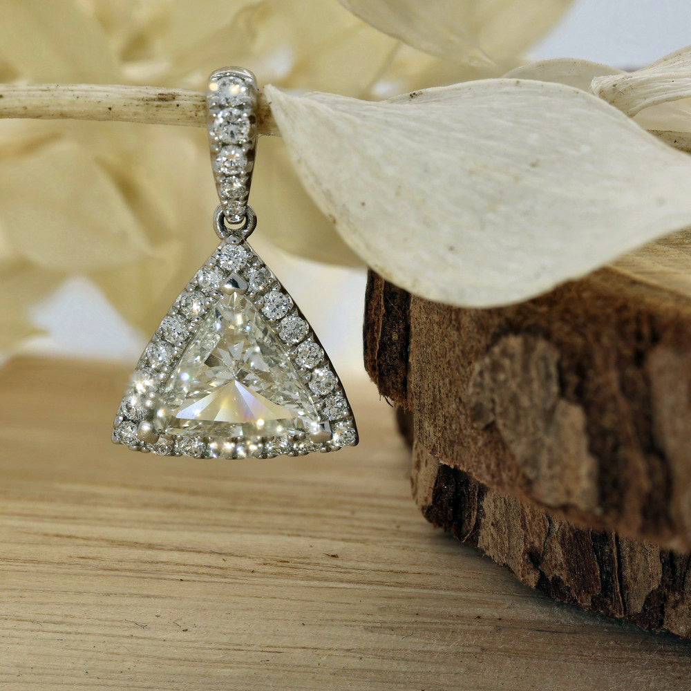 18ct White Gold 0.63ct Trilliant Cut Diamond Halo Pendant