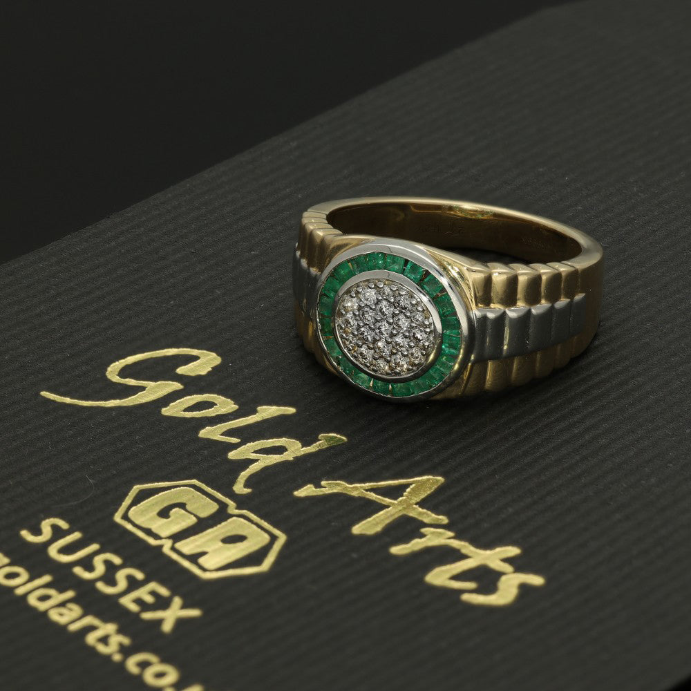 9ct Gold Men's Two Tone Emerald and Diamond Rolex Ring