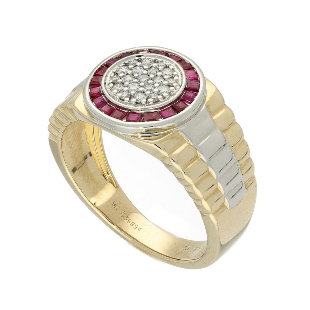 9ct Gold Men's Two Tone Ruby and Diamond Rolex Ring