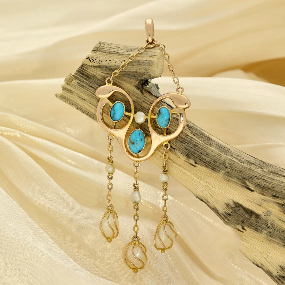 Antique Art Nouveau B.H Joseph Rose Gold, Turquoise & Pearl Pendant