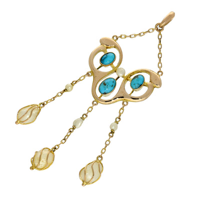 Antique Art Nouveau B.H Joseph Rose Gold, Turquoise & Pearl Pendant