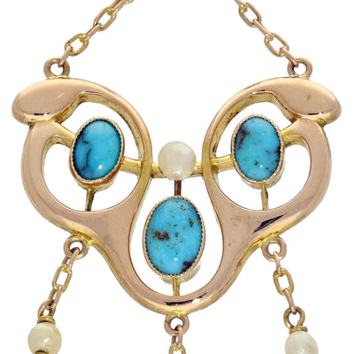 Antique Art Nouveau B.H Joseph Rose Gold, Turquoise & Pearl Pendant