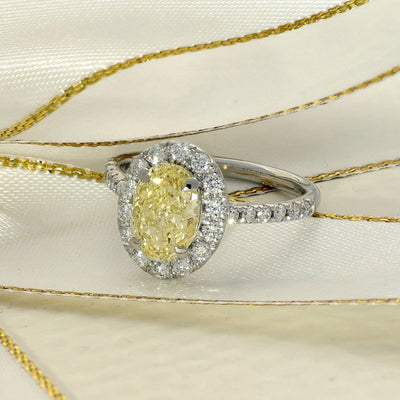 18ct White Gold Laboratory-Grown 1.50ct Yellow Oval Diamond Halo Shoulders Ring